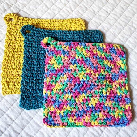 3 Crochet DISHCLOTH WASHCLOTH 100% Cotton Handmade Rainbow Teal Mustard - Picture 7 of 15